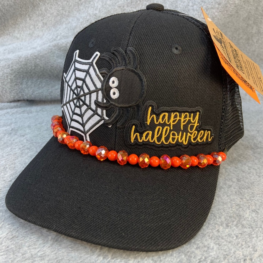 Spider Web Happy Halloween Patch Beads Unisex Black Mesh Trucker Hat OSFM NWT